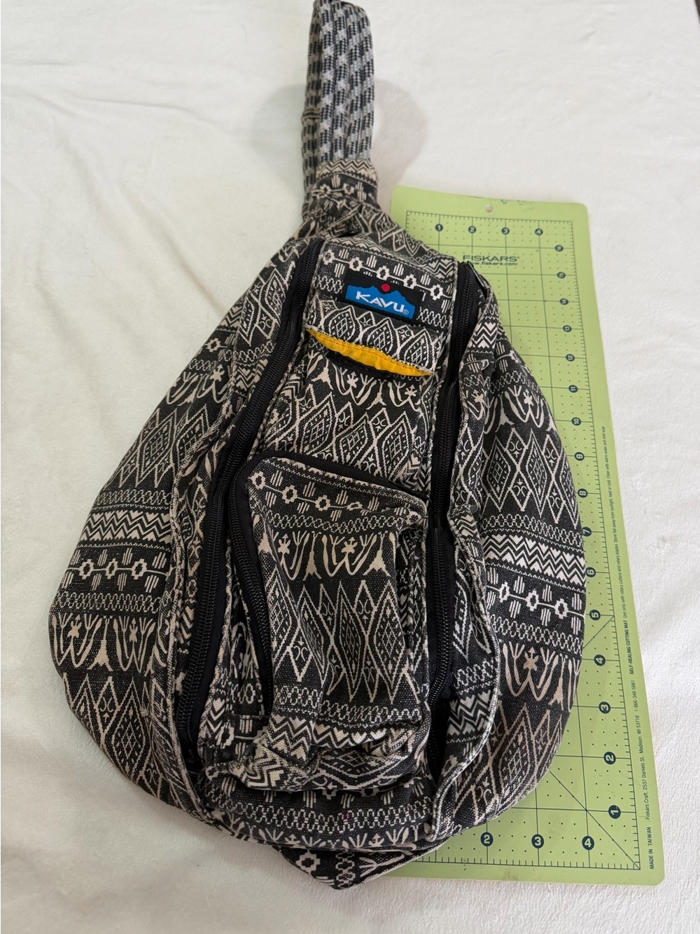 Kavu Black & White Patterned Sling Bag with Yellow Accent